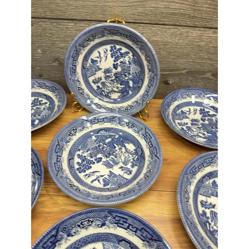 Churchill England Blue Willow Pattern 7.75” Flat Soup Pasta Bowls~ Set Of 7